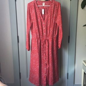 GAP Long Sleeve Floral Print Midi Dress - Red (M)